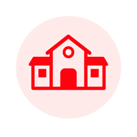 Minimalist flat design school building icon A simple lineart icon of a school building in solid red ED1C24 featuring a peaked roof a centered doorway