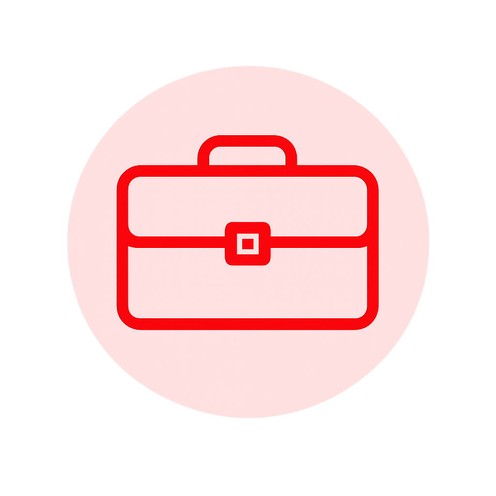 Minimalist flat design briefcase icon A simple lineart briefcase in solid red ED1C24 with a rectangular body rounded corners and a small handle center-2