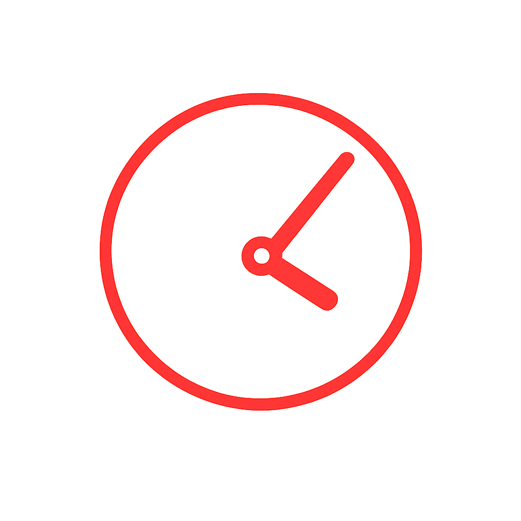 Minimalist flat design clock icon A simple lineart clock with a circular outline and two hands in solid red ED1C24 drawn with smooth rounded lines and
