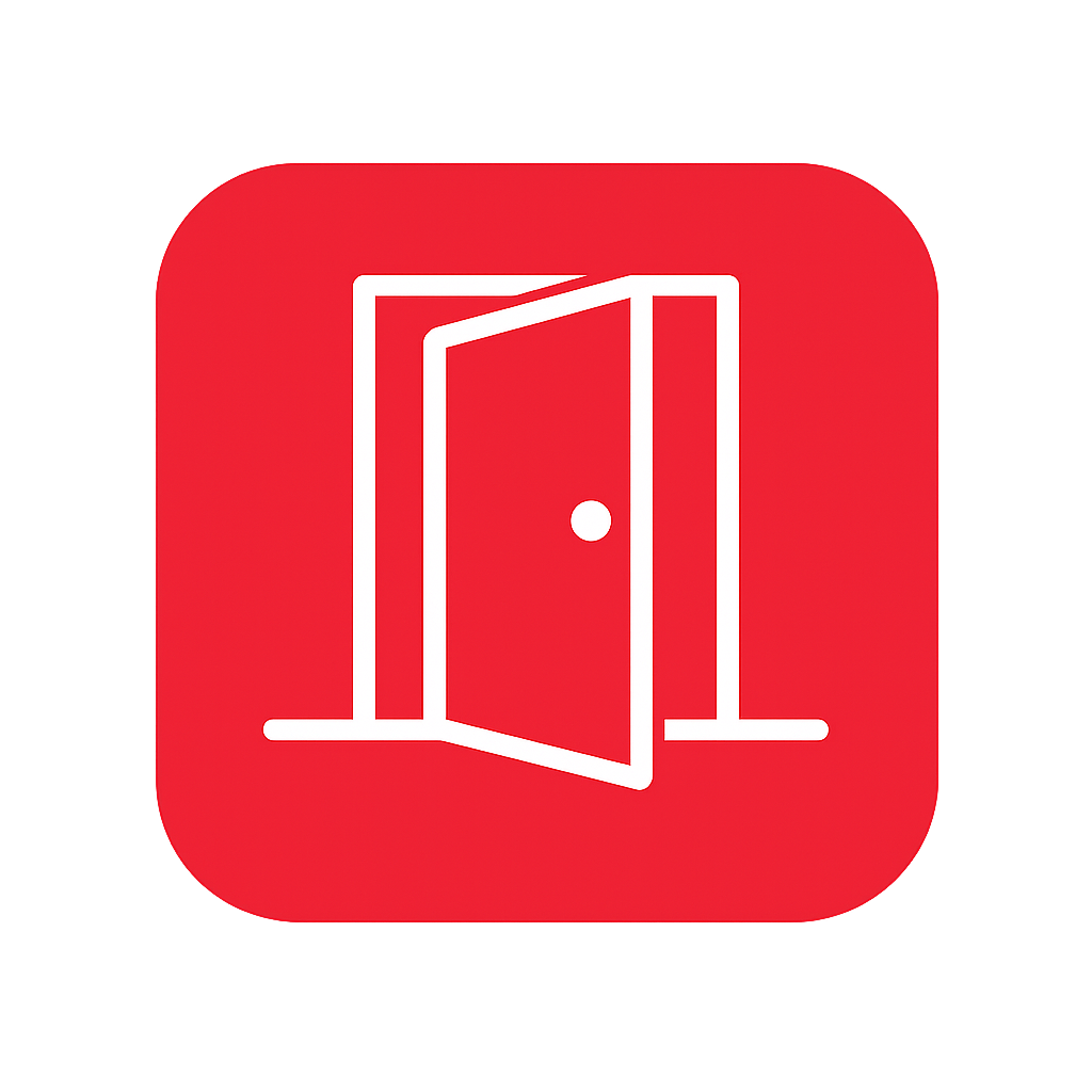 Minimalist flat design door access icon A simple lineart open door in white with a rectangular frame and slightly angled door panel to suggest entry C