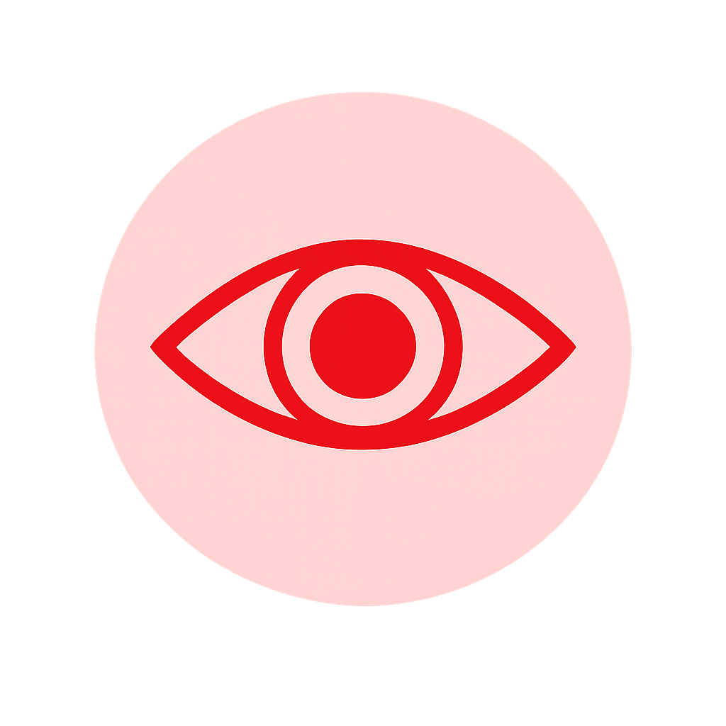 Minimalist flat design icon of an eye A simple lineart eye in solid red ED1C24 with a circular pupil centered inside a soft pale pink circular backgro-2