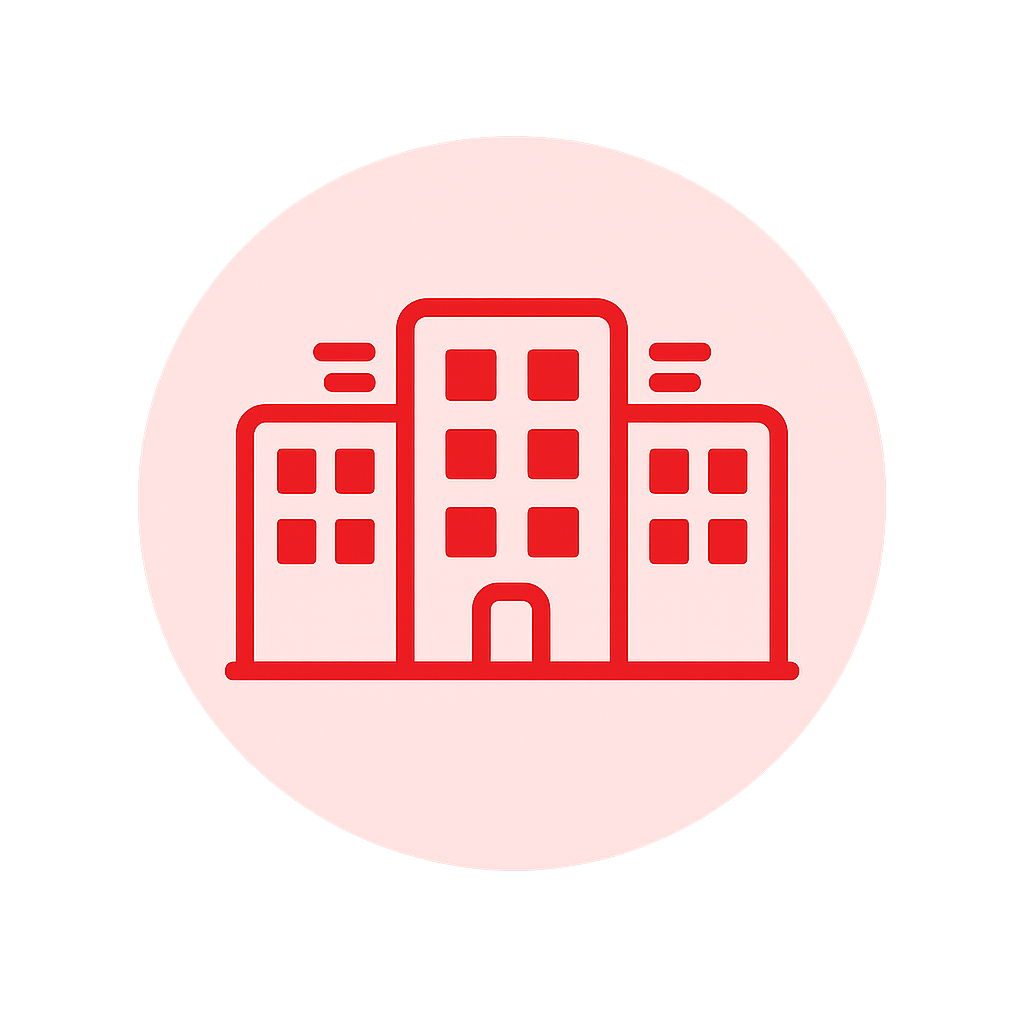 Minimalist flat design multifamily building A simple lineart building in solid red ED1C24 with a rectangular shape rounded corners and small horizonta