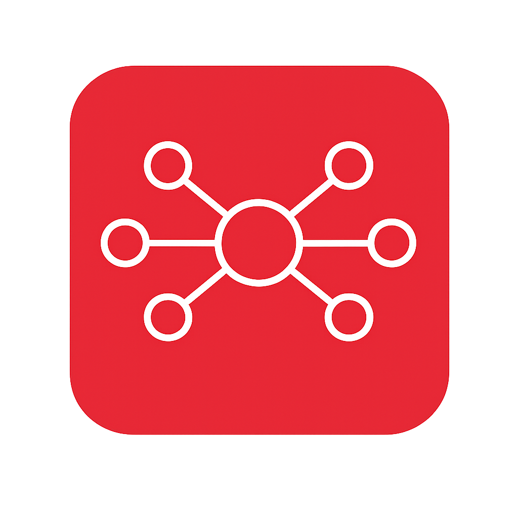 Minimalist flat design network icon A simple lineart connected nodes diagram in white with one central node connected to multiple smaller nodes using