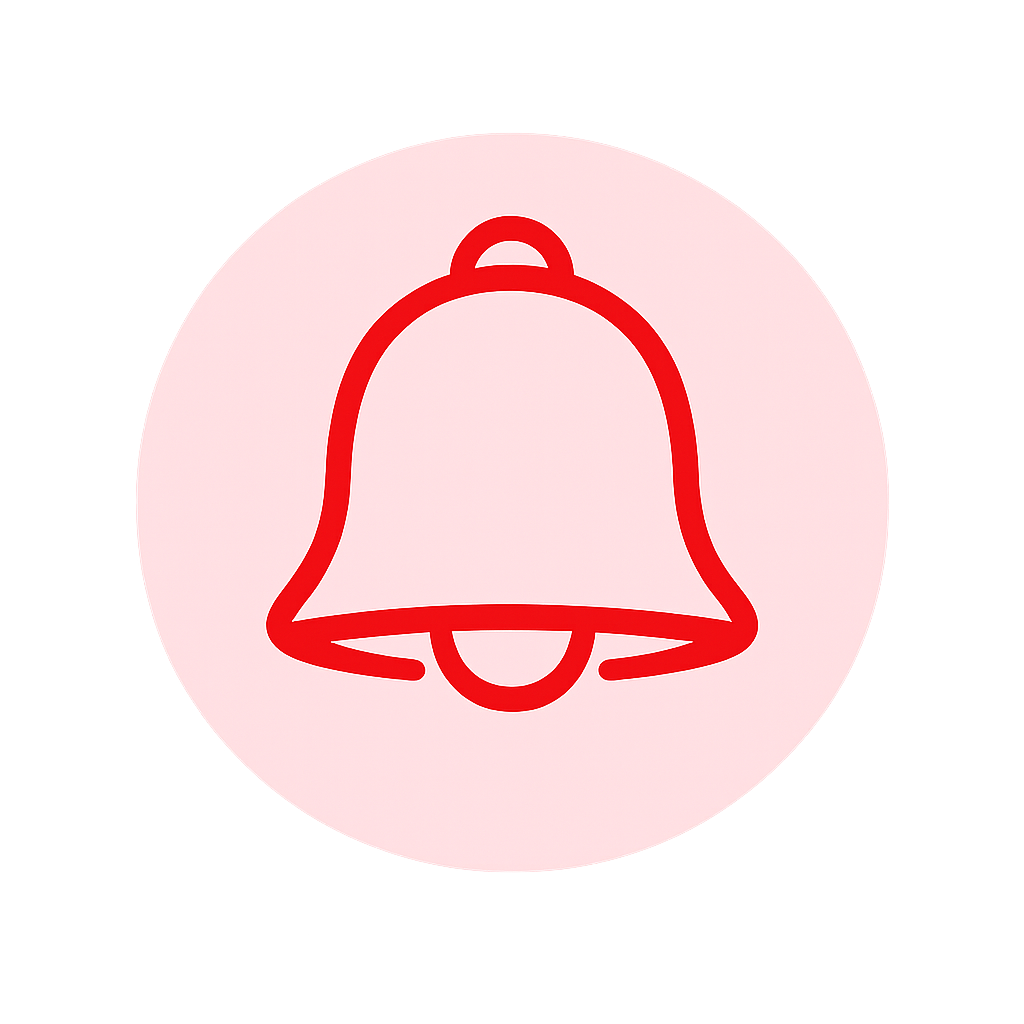 Minimalist flat design notification bell icon A simple lineart bell in solid red ED1C24 centered with smooth rounded lines and a clean geometric shape
