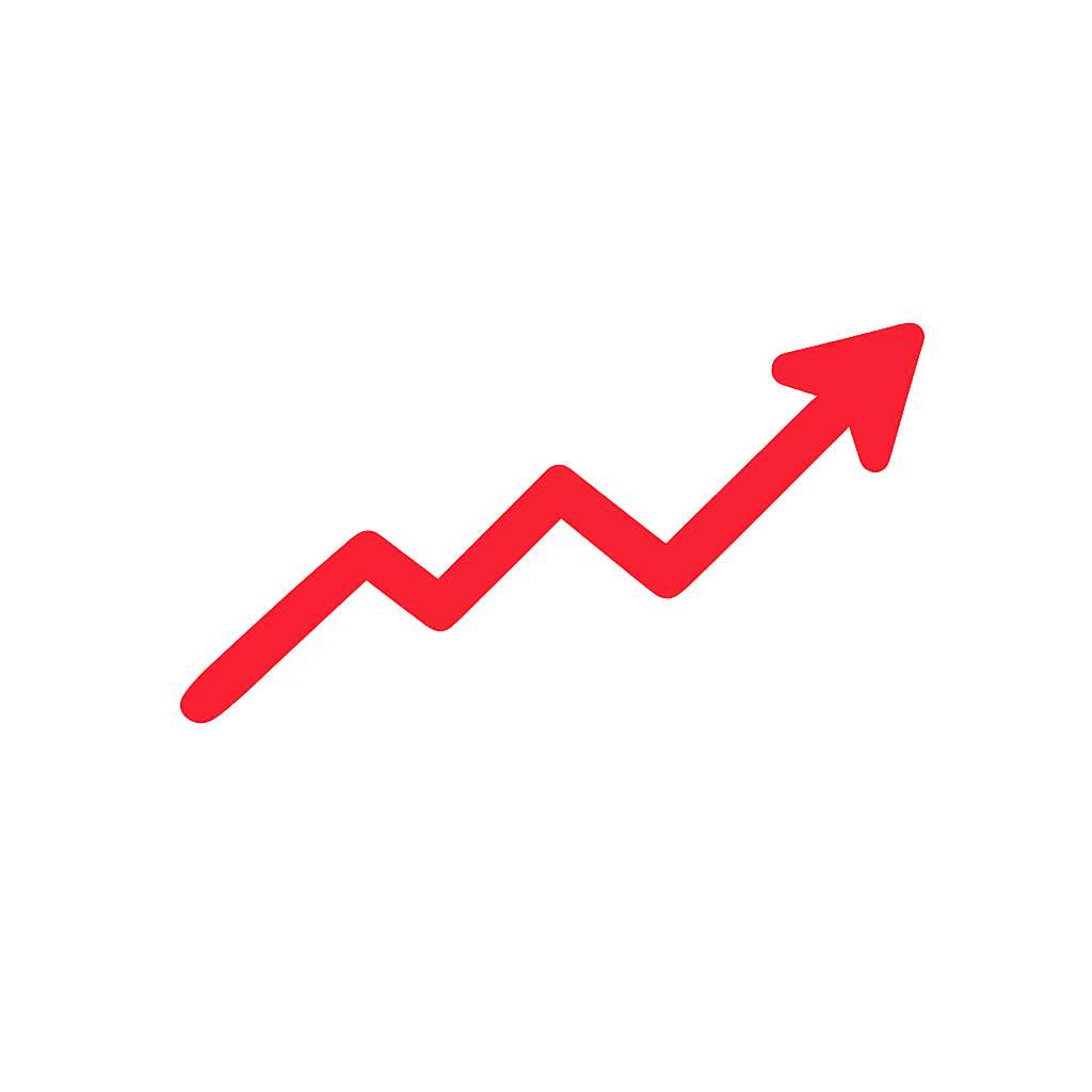 Minimalist flat design upward trend arrow icon A simple lineart arrow trending upward to the right in solid red ED1C24 with clean geometric angles and