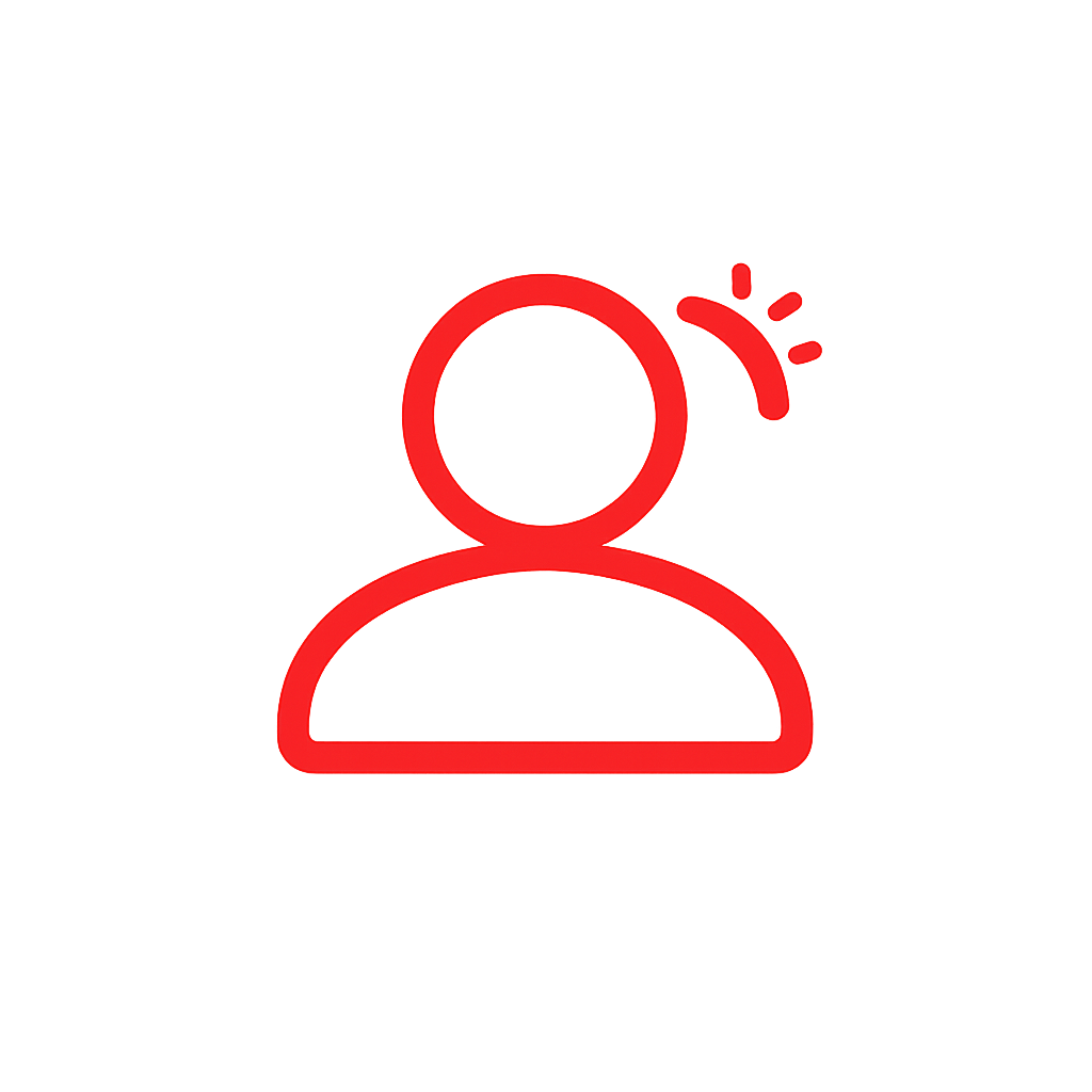 Minimalist flat design user alert icon A simple lineart icon of a person circular head and curved shoulders in solid red ED1C24 with a small alert ind